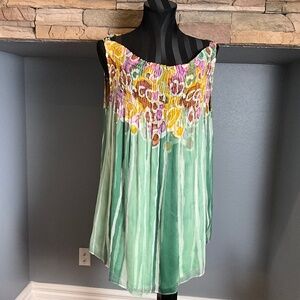 VTG Diane Von Furstenberg Silk Sheer Forest Fairy Top Watercolor Smocked Green 8